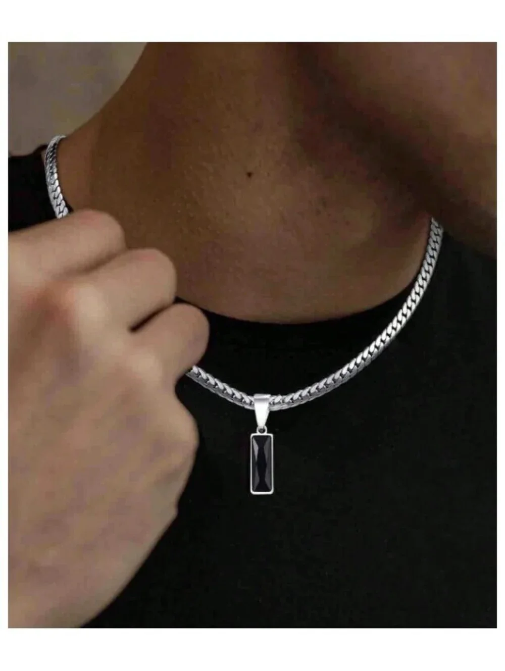 Black rectangle flat chain - Necklace - Silver - 20